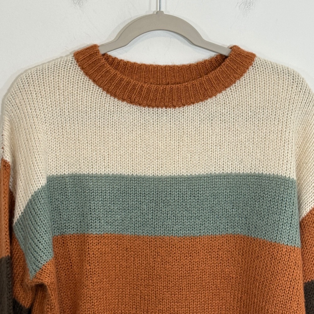 Becaal Womens Striped Sweater M Orange Boho Earthy Casual Knit Crewneck - Picture 3 of 12